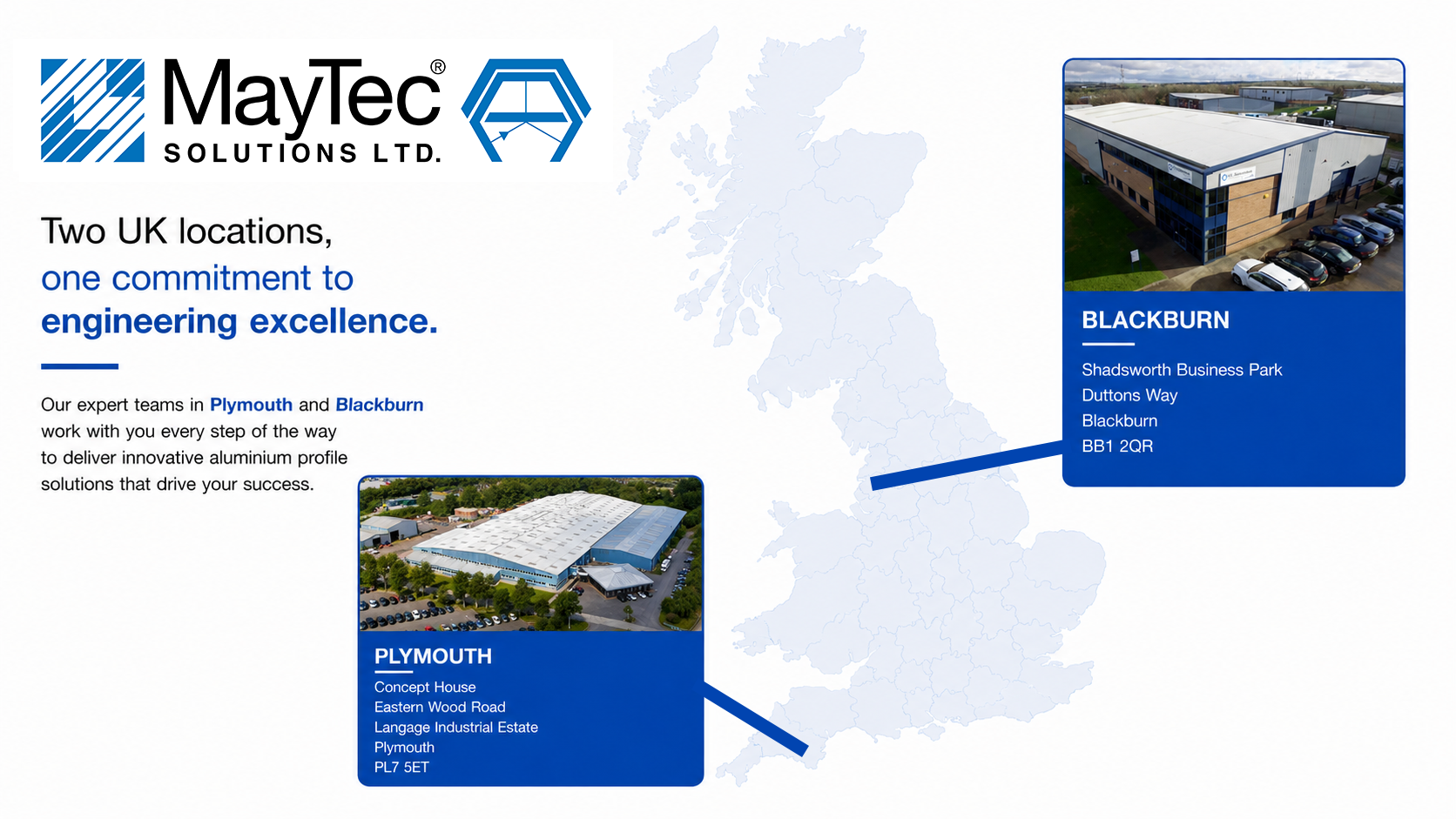 Map showing MayTec Solutions locations in Blackburn and Plymouth